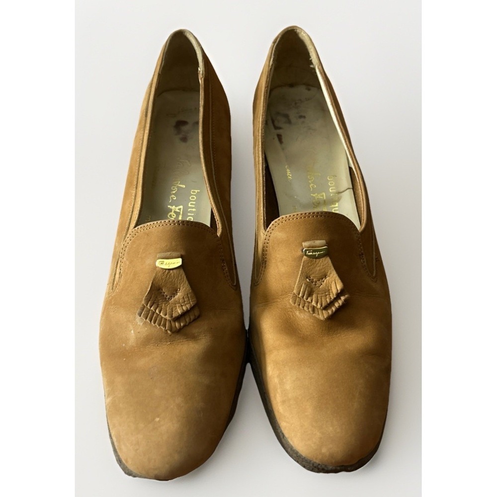Salvatore Ferragamo Boutique Cognac Brown Suede Tassel Loafer Heels Sz 7.5 AAA
